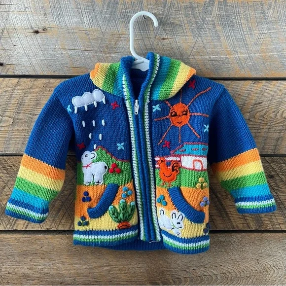 Handmade Knit Sweater Hoodie Baby Infant 0-6 Mos Folk Art Farm Animals Full Zip - Picture 1 of 9
